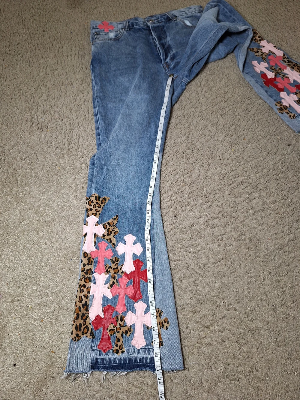 Chrome Hearts Inspired Cross Patch Flared Pink Red Leopard Y2K Denim Jeans 34